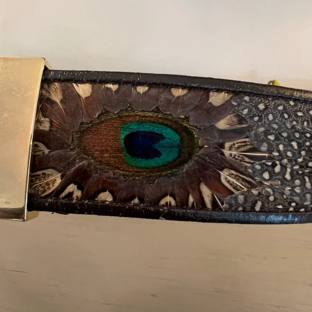 Vintage Guy Laroche Genuine Peacock Feather Belt Gold Hardware 40” Women’s XL